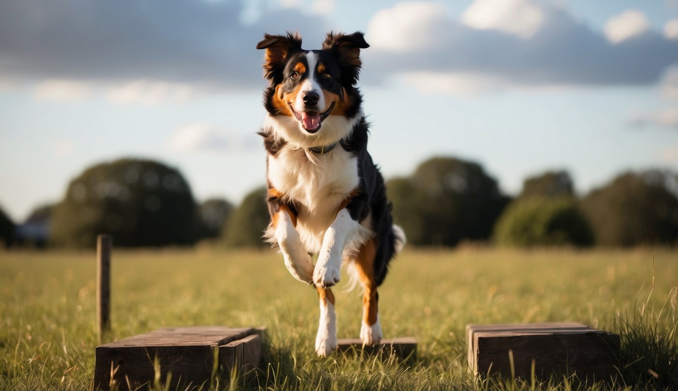 An Australian Shepherd running through a field, jumping over obstacles with a lively expression
