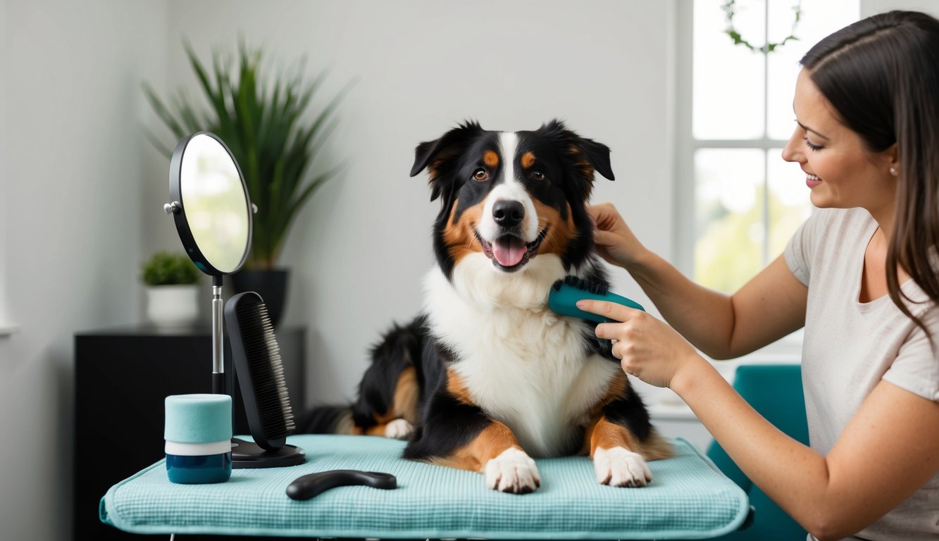 An Australian Shepherd being brushed by its owner in a well-lit room with a comfortable grooming station set up