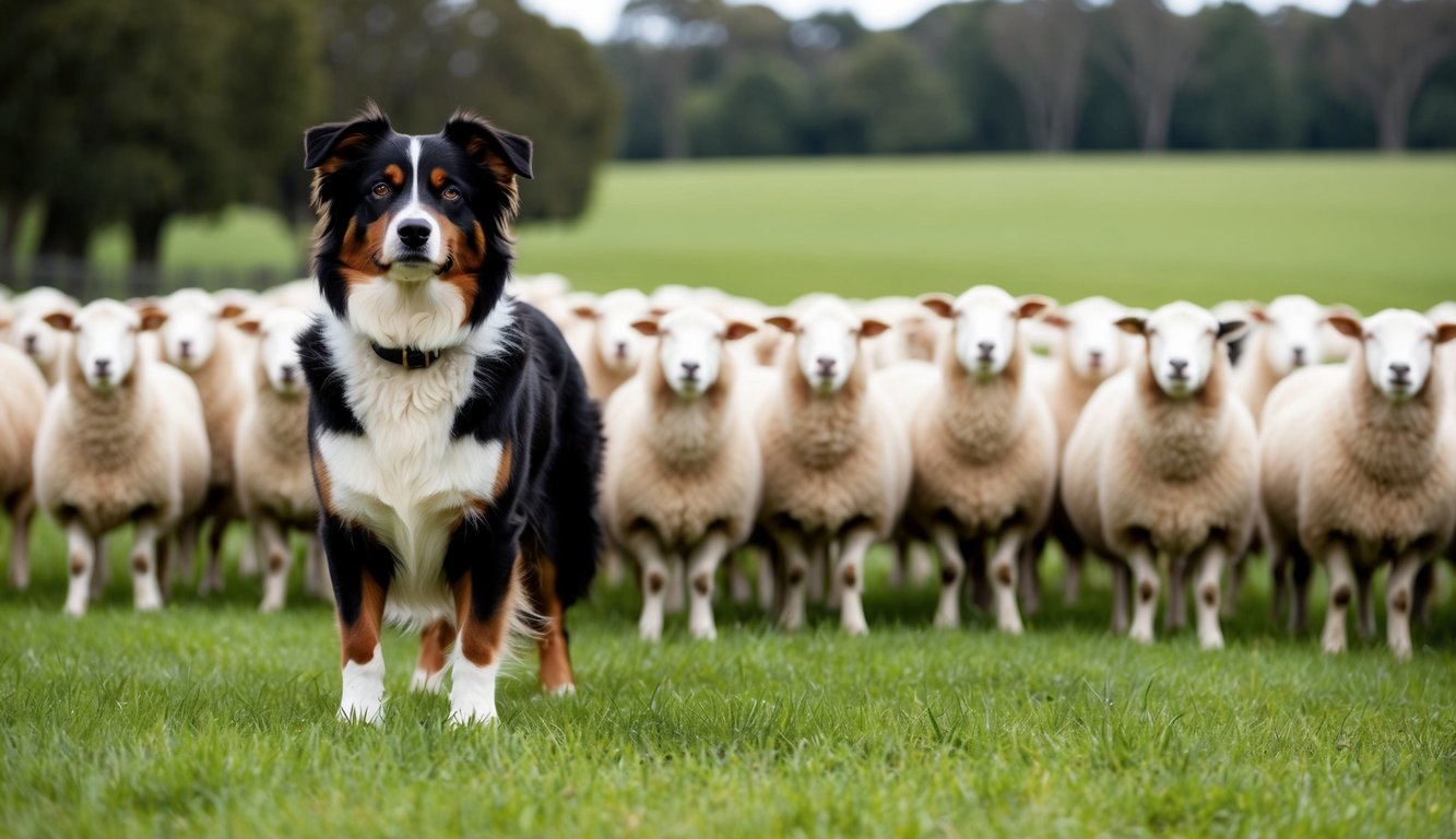 An Australian Shepherd stands alert, ears perked and eyes focused, guarding a flock of sheep in a sprawling green pasture
