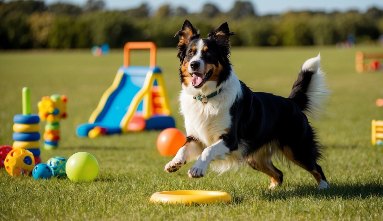 An Australian Shepherd eagerly fetching a frisbee in a vibrant, open field, surrounded by a variety of stimulating toys and activities