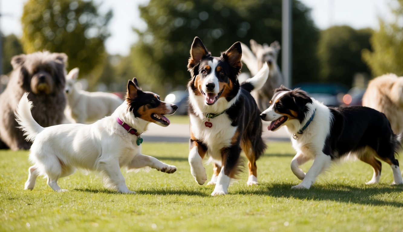 An Australian Shepherd playing with other pets at a dog park, surrounded by various animals