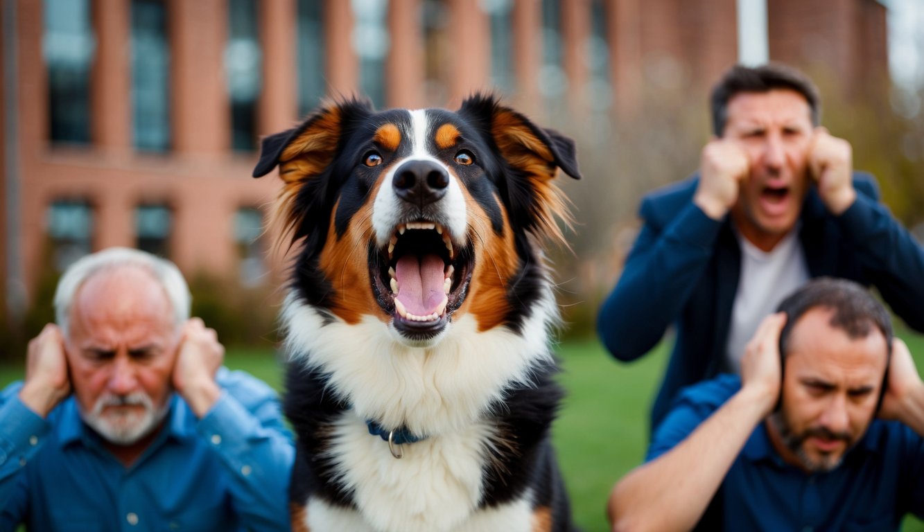 An Australian Shepherd barking loudly, while some owners cover their ears in frustration