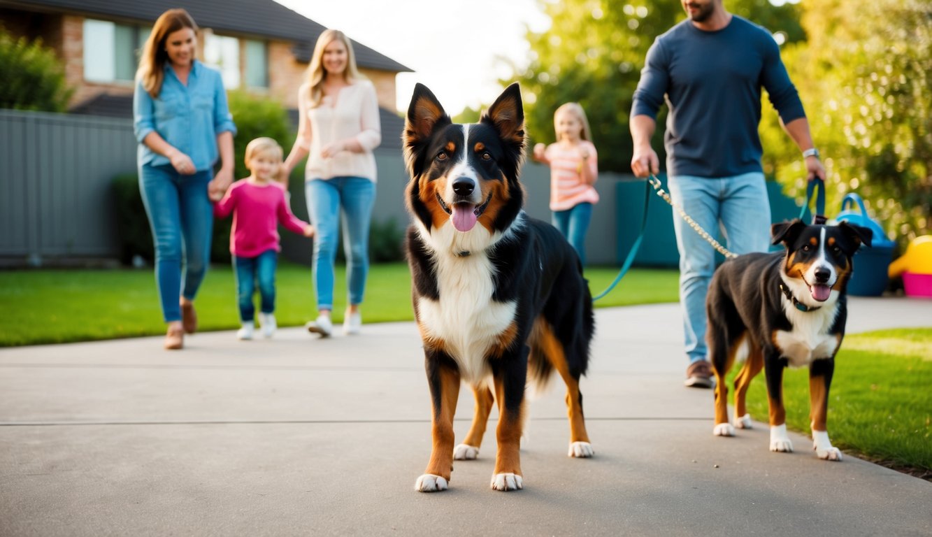 An Australian Shepherd standing in a suburban backyard, surrounded by a family playing and a couple walking their dog