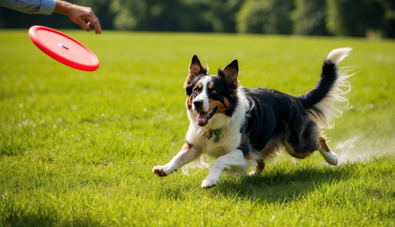 An Australian Shepherd running through a lush, green meadow, chasing after a frisbee thrown by its owner. The sun is shining, and the dog's fur is glistening in the light