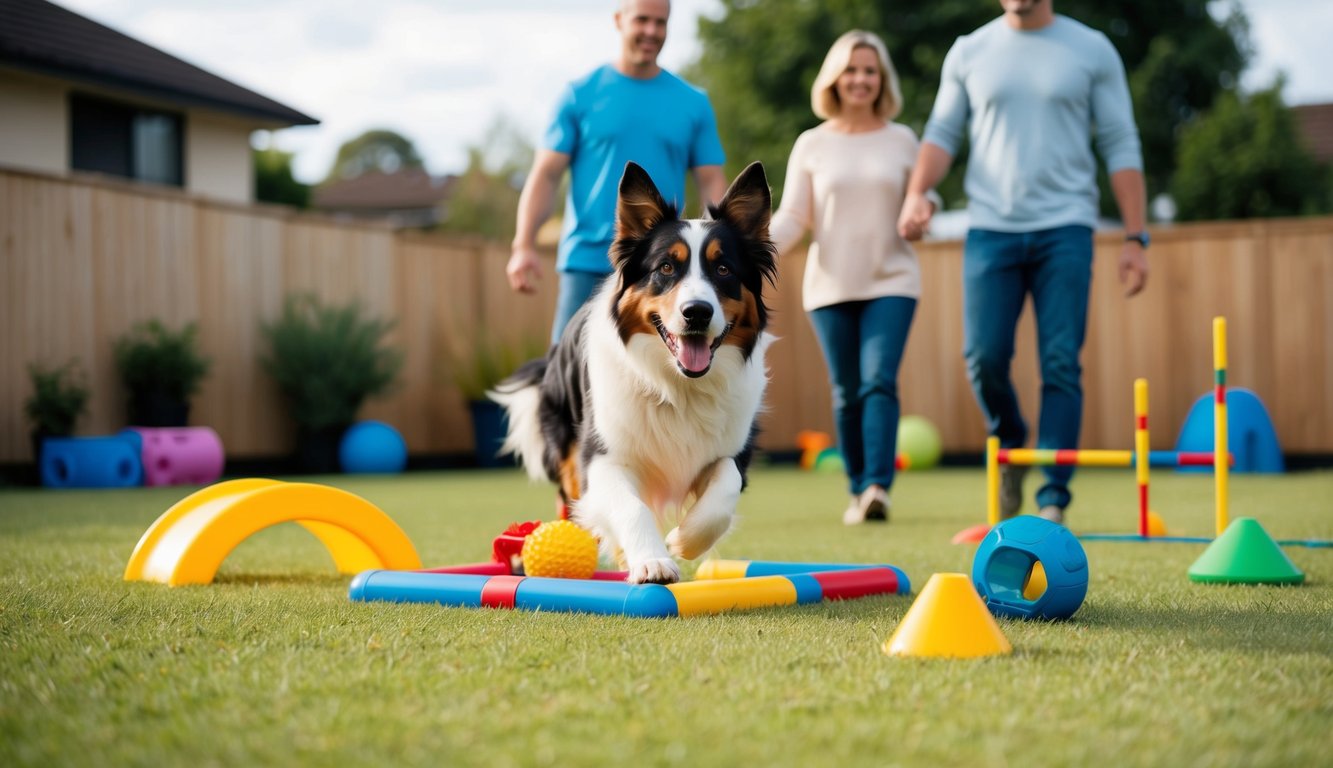 An Australian Shepherd playing in a spacious backyard, surrounded by toys and agility equipment. A family walks by, looking happy and active