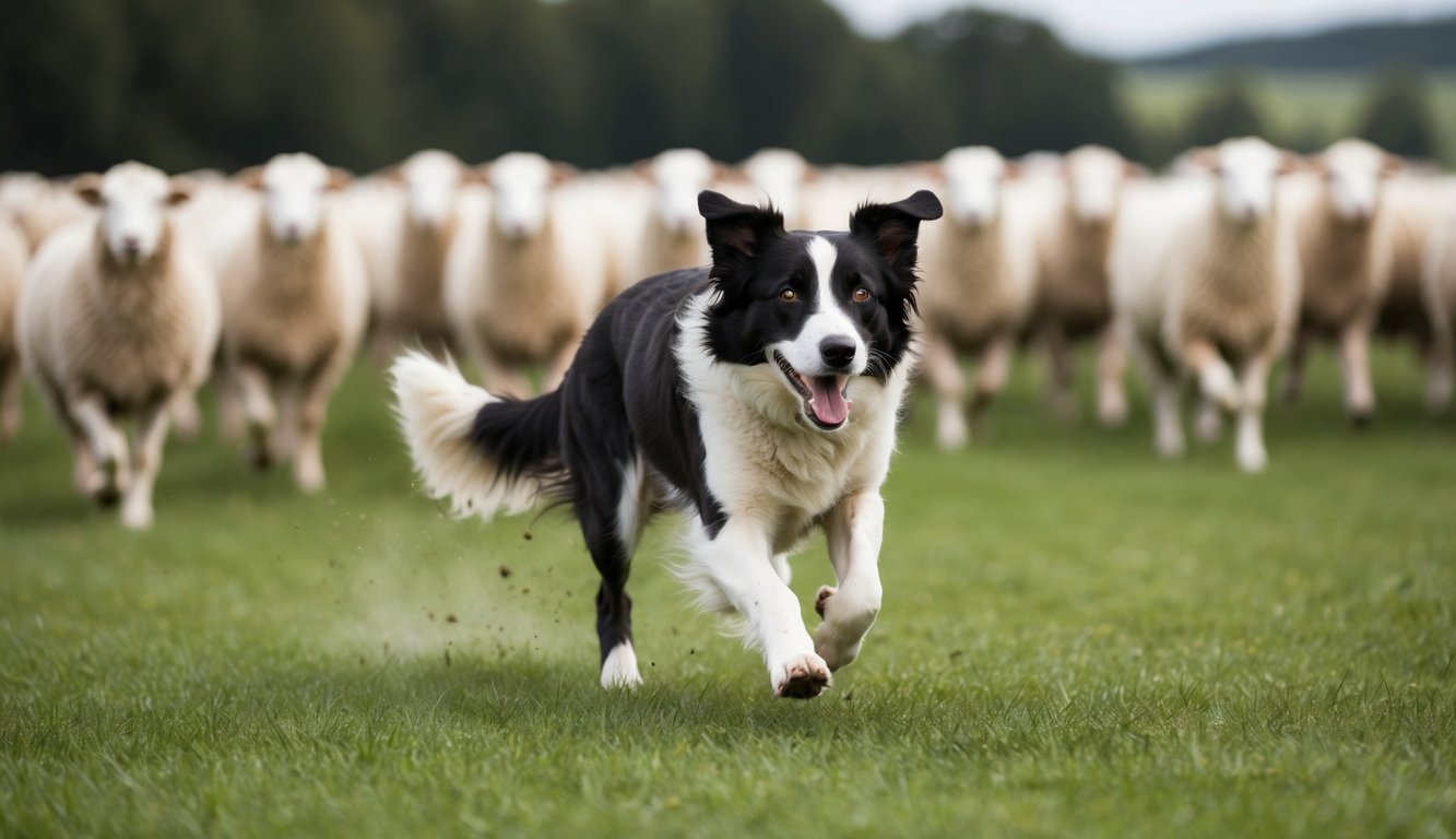 A border collie running through a field, herding sheep with intense focus and energy