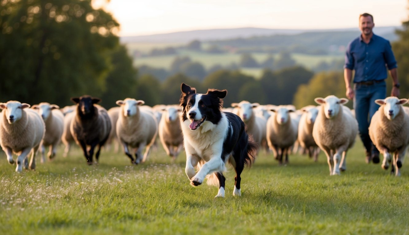 A Border Collie running through a field, herding sheep with focused determination, while their owner watches proudly from a distance