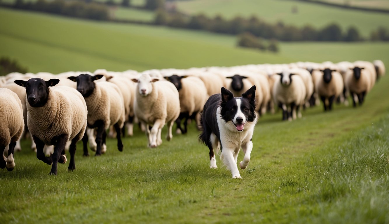 A Border Collie herding a flock of sheep through a green, rolling countryside