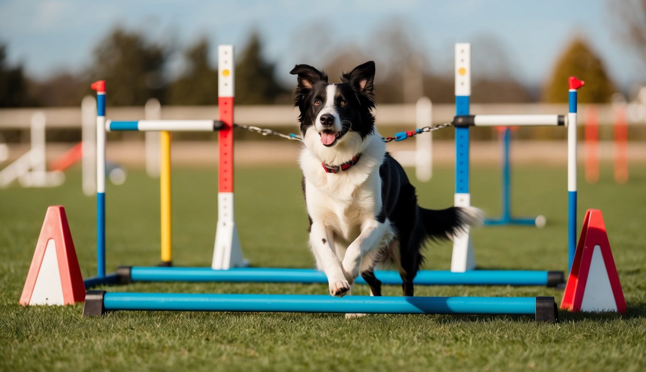 A border collie eagerly follows commands in a training session, surrounded by various agility equipment in a spacious outdoor setting