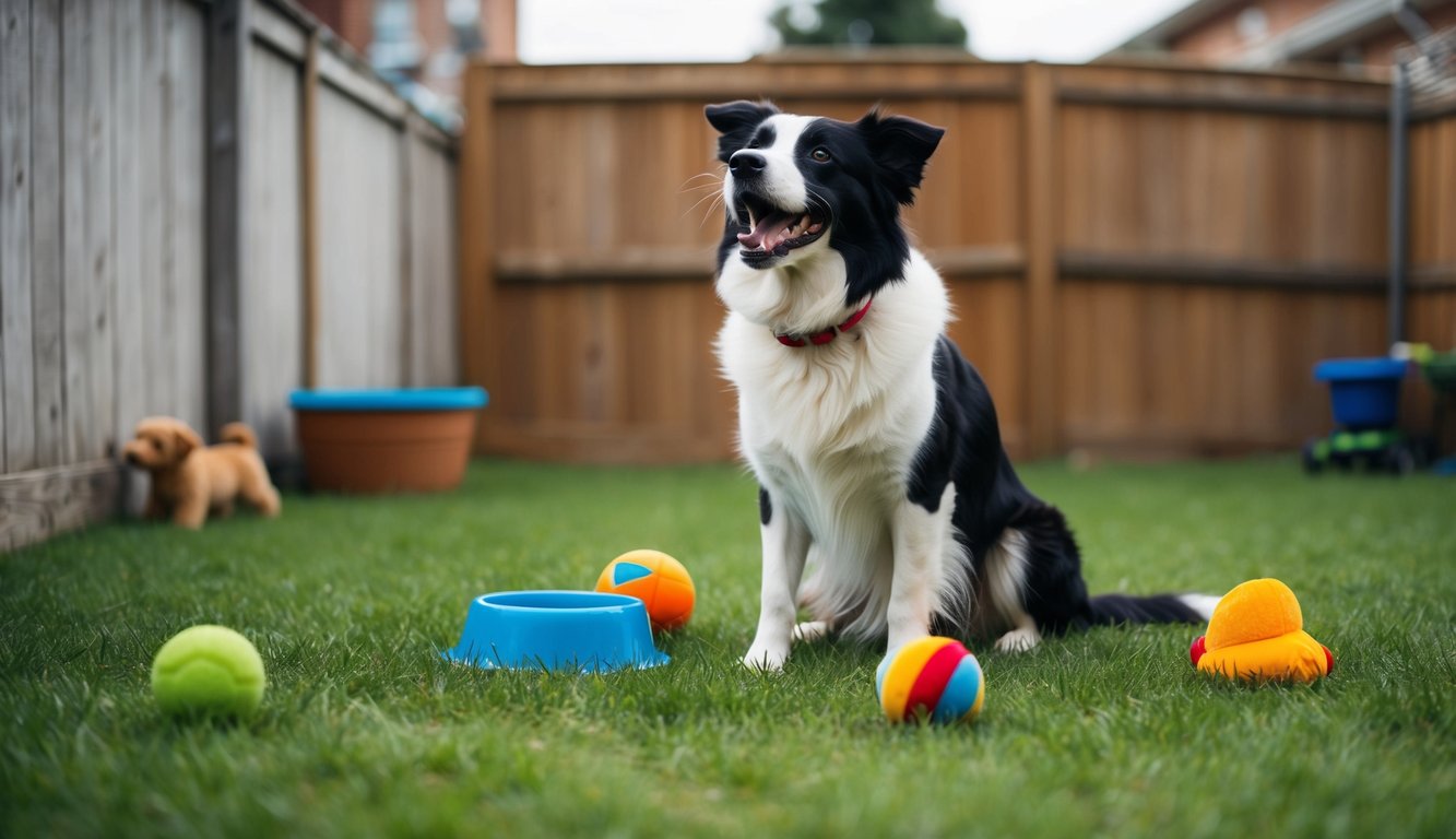 A border collie barking in a backyard, surrounded by toys and a water bowl