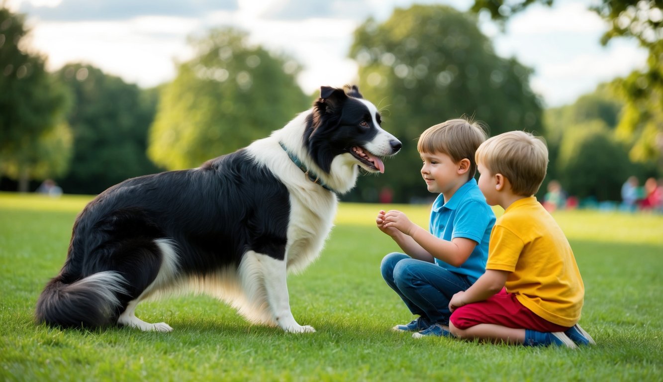 A Border Collie calmly interacts with children in a park, showing gentle and patient behavior