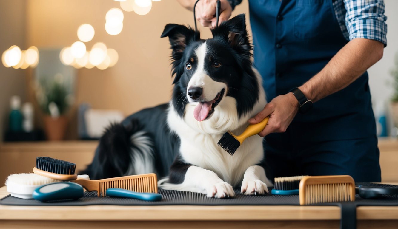A Border Collie being groomed by its owner, surrounded by brushes, combs, and grooming supplies