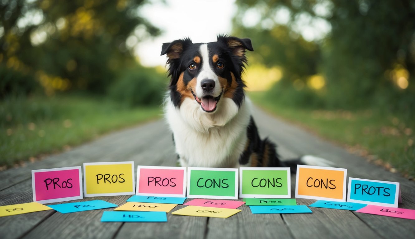 A border collie sits anxiously surrounded by 15 pros and cons written on colorful cards