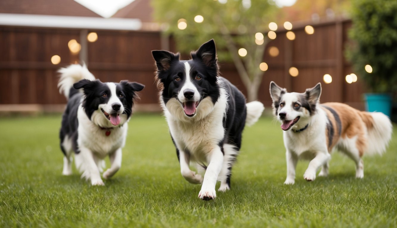 A Border Collie playing with other pets in a spacious backyard, showing their friendly and sociable nature