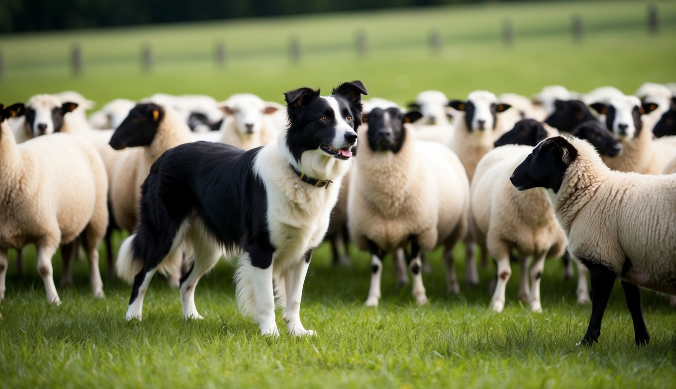 A border collie stands alert, watching over a flock of sheep in a lush green pasture, showcasing its protective nature
