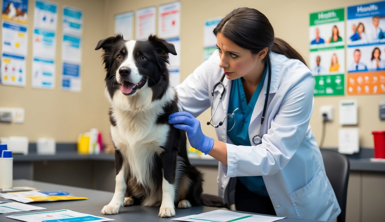 A Border Collie sitting in a vet's office, surrounded by various health pamphlets and posters. The vet is examining the dog, while the owner looks on with concern