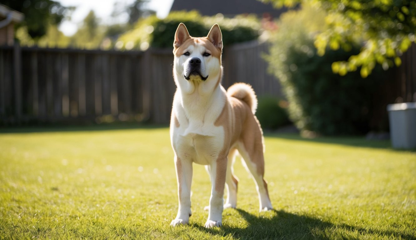 An Akita standing proudly in a serene backyard, surrounded by a mix of sunlight and shade, with a thoughtful expression on its face