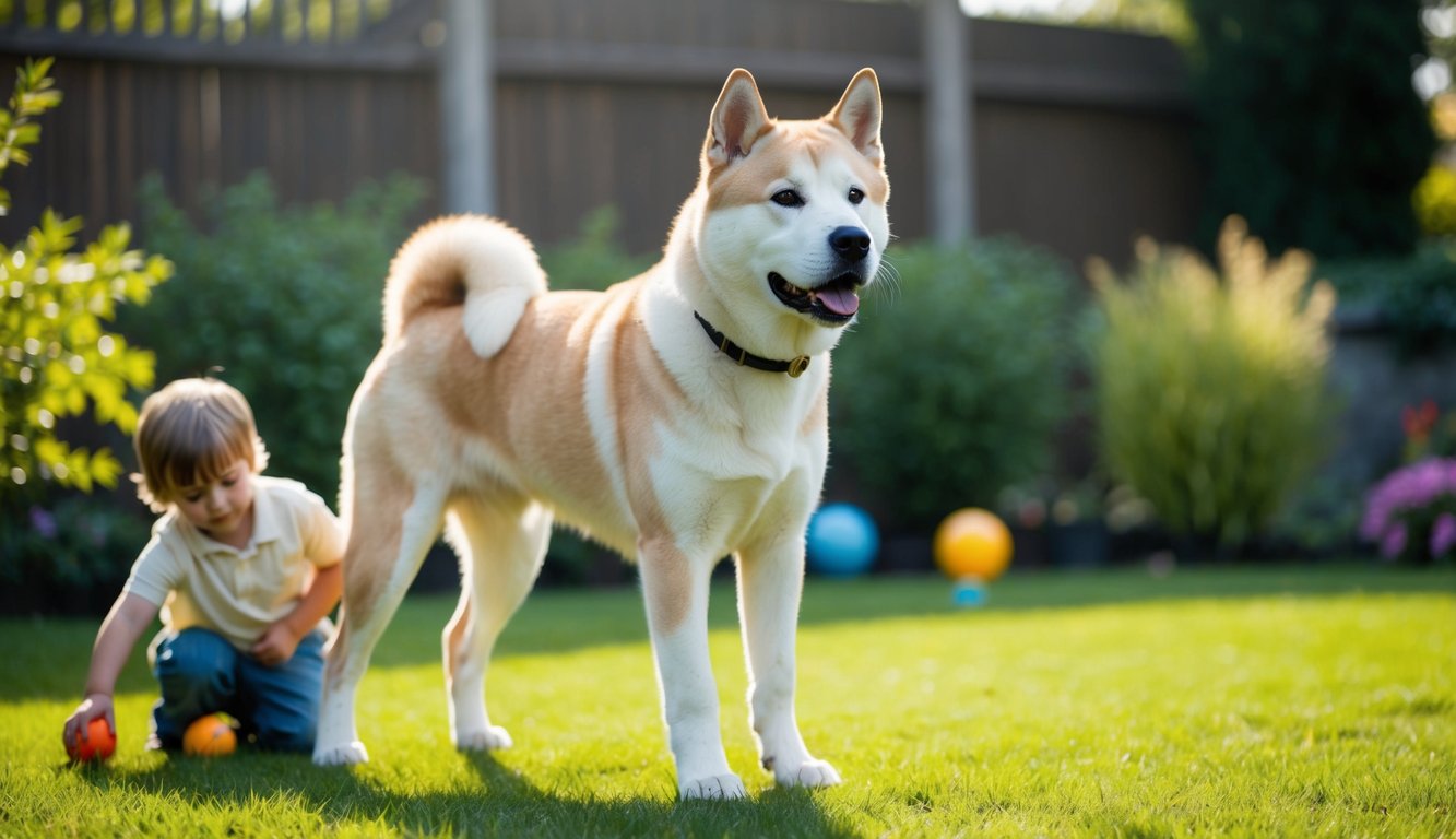An Akita standing proudly, watching over a child playing in a peaceful garden. Its alert and protective stance exudes loyalty and devotion