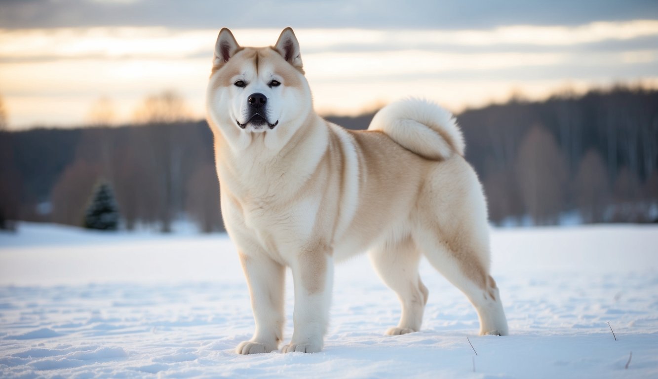 A majestic Akita stands proudly in a snowy landscape, its thick double coat protecting it from the cold. Its strong, confident stance exudes both power and grace