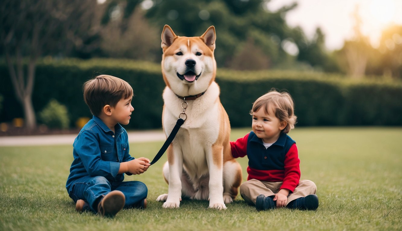 An Akita calmly sits by a child, both looking content. The dog's attentive eyes and gentle demeanor show its potential as a great family pet when properly trained