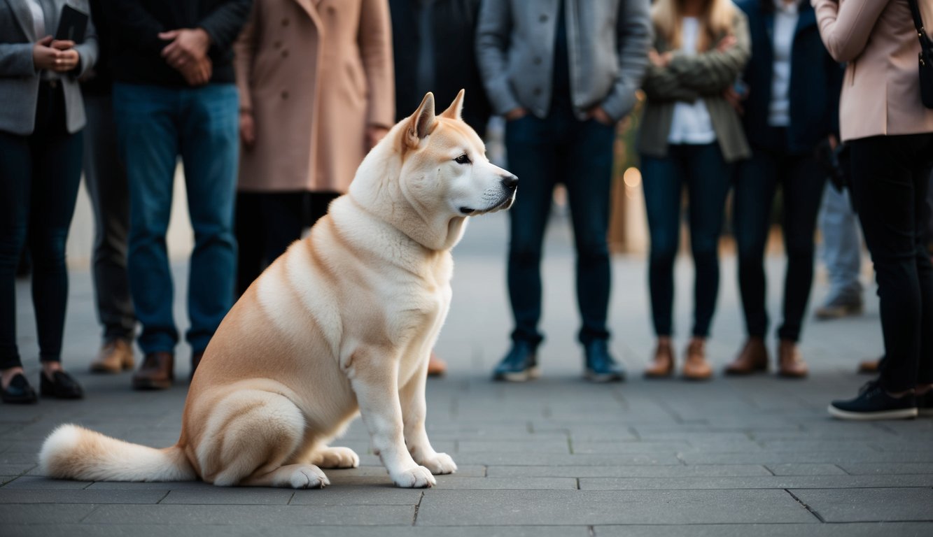 An Akita sitting alone, gazing away from a group of unfamiliar people, displaying an aloof and independent demeanor