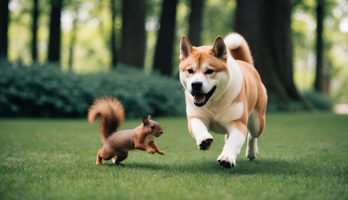 An Akita eagerly chasing after a squirrel in a lush forest, displaying its strong prey drive