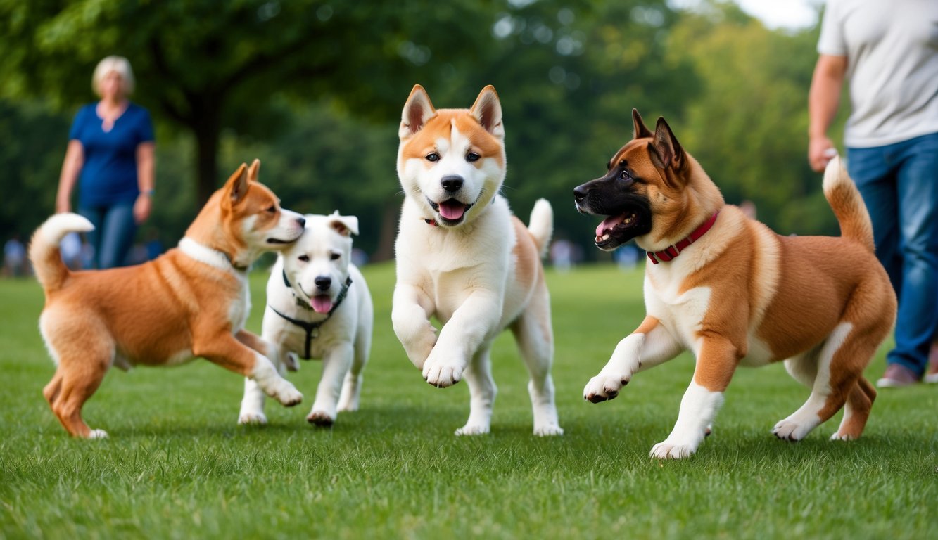 An Akita puppy playing with other dogs in a park, while its owner observes from a distance, showcasing the need for early socialization