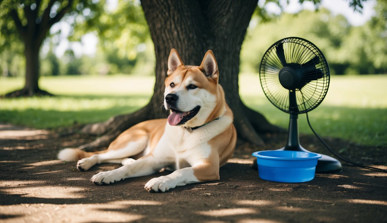 An Akita laying under a shady tree, panting in the heat, with a water bowl nearby and a fan blowing to provide relief