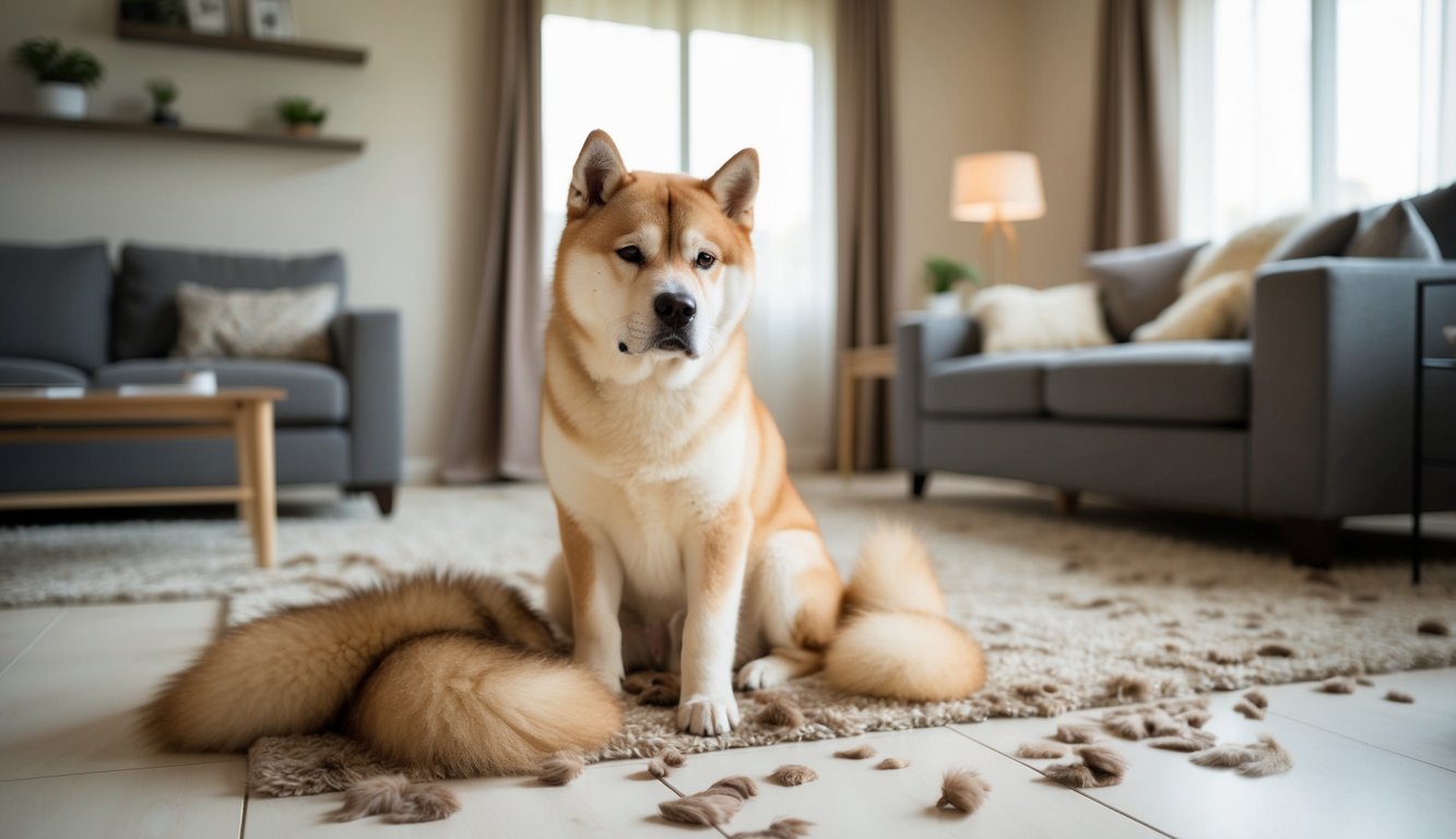 An Akita shedding its thick fur in a living room, with fur scattered on the floor and furniture