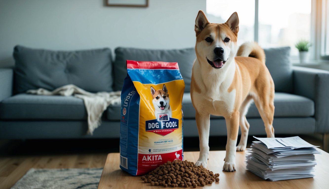 An Akita standing next to a large bag of dog food, with a torn couch in the background and a stack of vet bills on the table