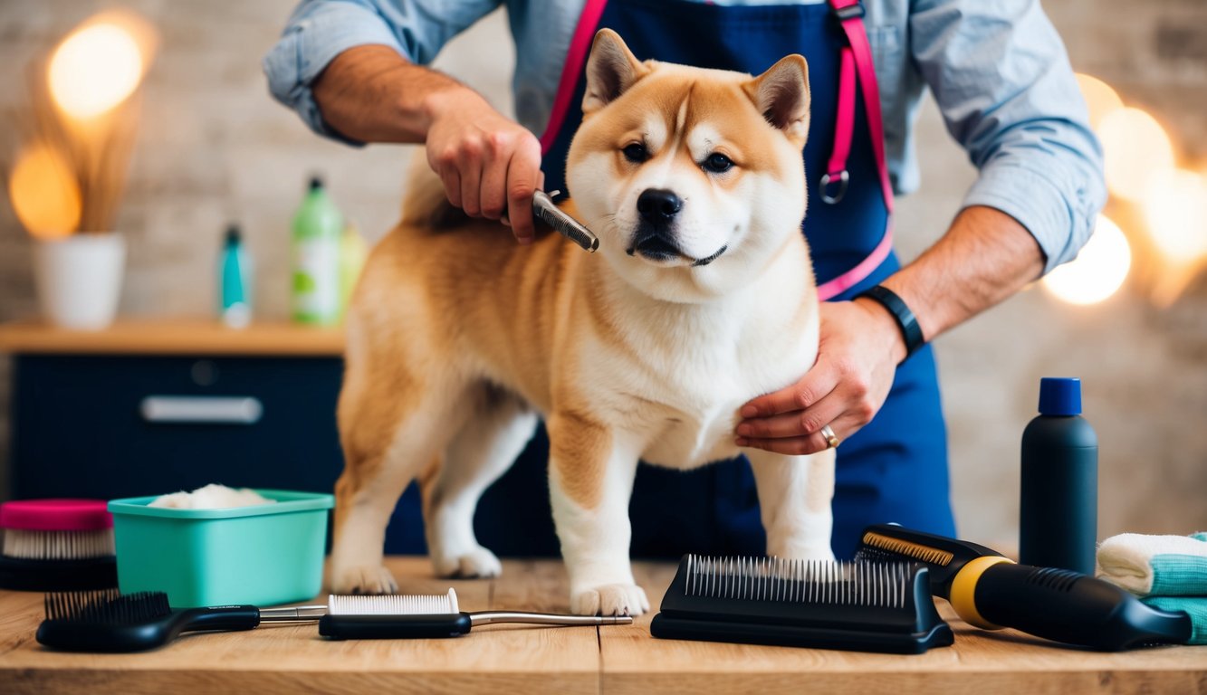 An Akita being groomed by a person, surrounded by grooming tools and supplies