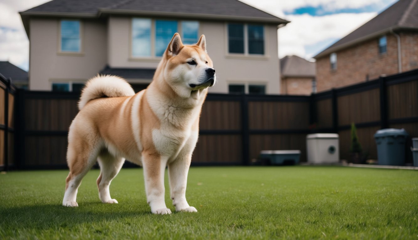 An Akita stands confidently in a spacious backyard, gazing out with a regal demeanor. Its thick, fluffy coat and imposing stature exude a sense of strength and independence