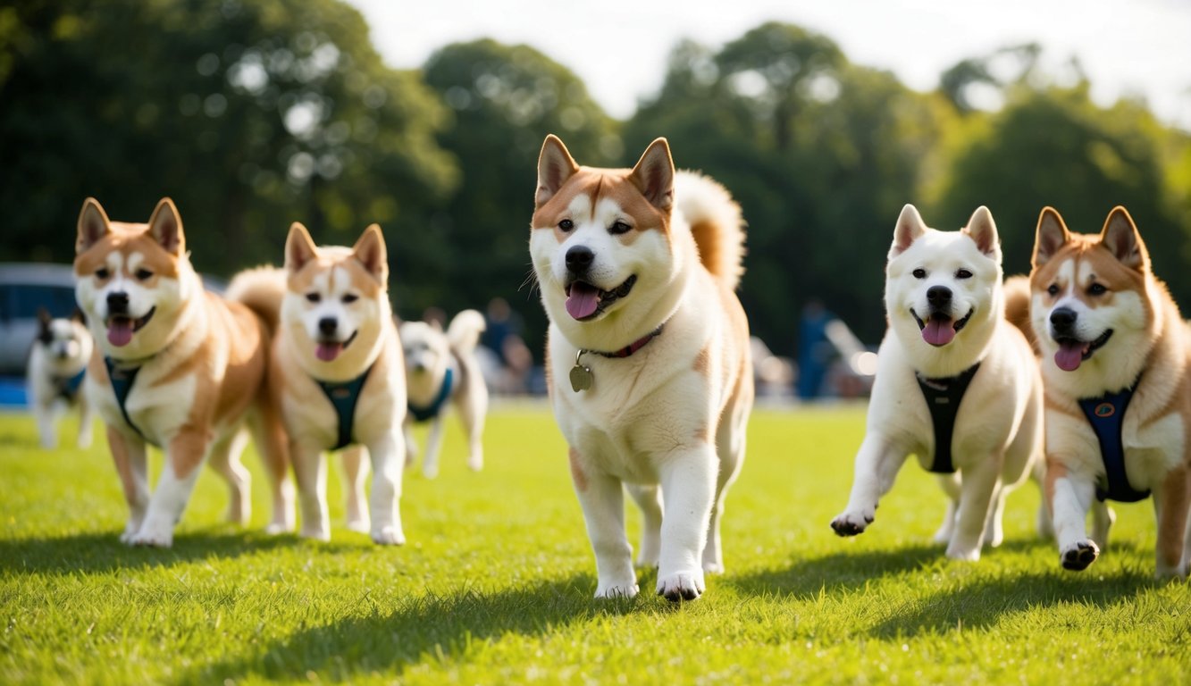 An Akita dog surrounded by other dogs, engaging in training and socialization activities in a park setting