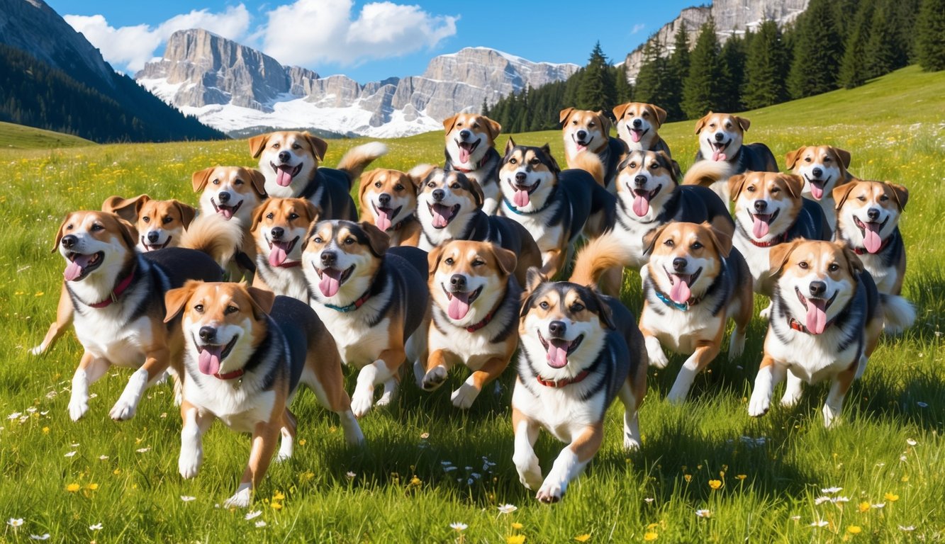 A pack of 30 lively Appenzeller Sennenhunds playfully frolic in a sun-dappled alpine meadow, their joyful barks echoing through the mountain air
