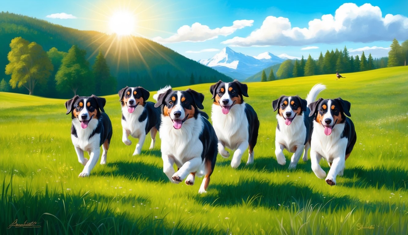 A group of Appenzeller Sennenhunds playing in a lush, green meadow under a bright, sunny sky