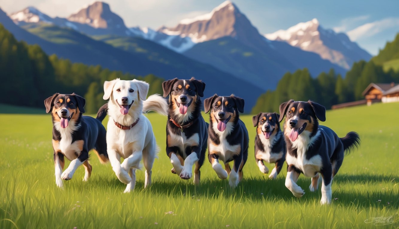 A group of Appenzeller Sennenhunds playing in a green meadow with mountains in the background