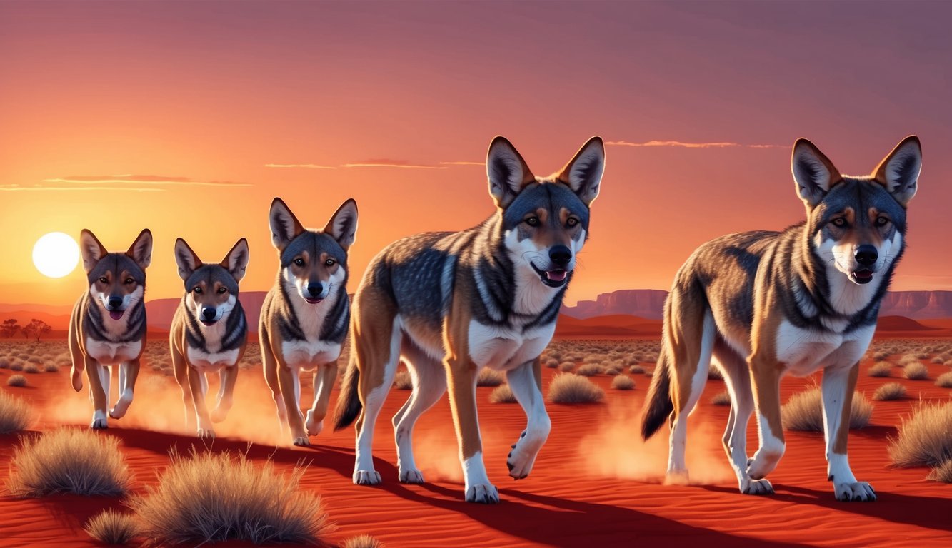 A group of dingoes roam through the Australian outback, their ears perked and noses to the ground. The sun sets behind them, casting a warm glow over the red desert landscape
