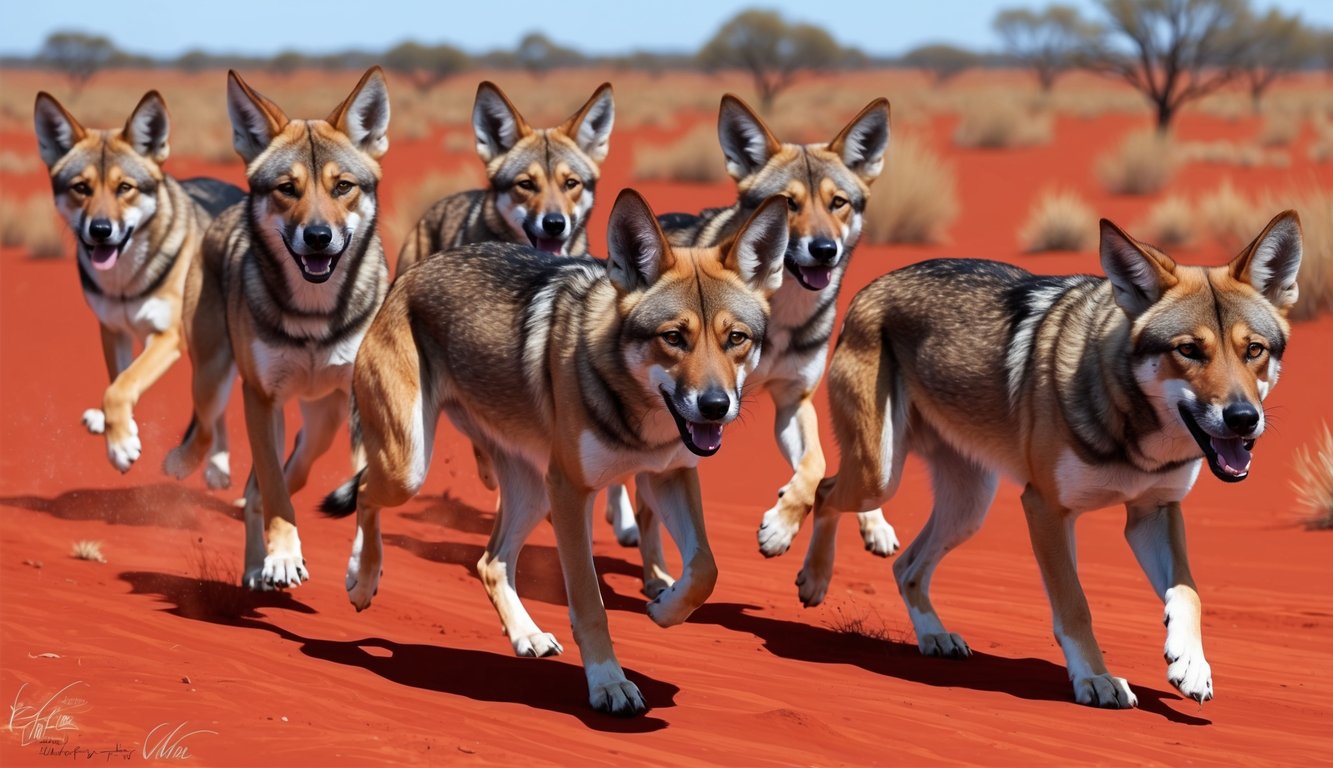 A pack of Australian dingoes roam through the outback, their sleek bodies moving gracefully across the red earth