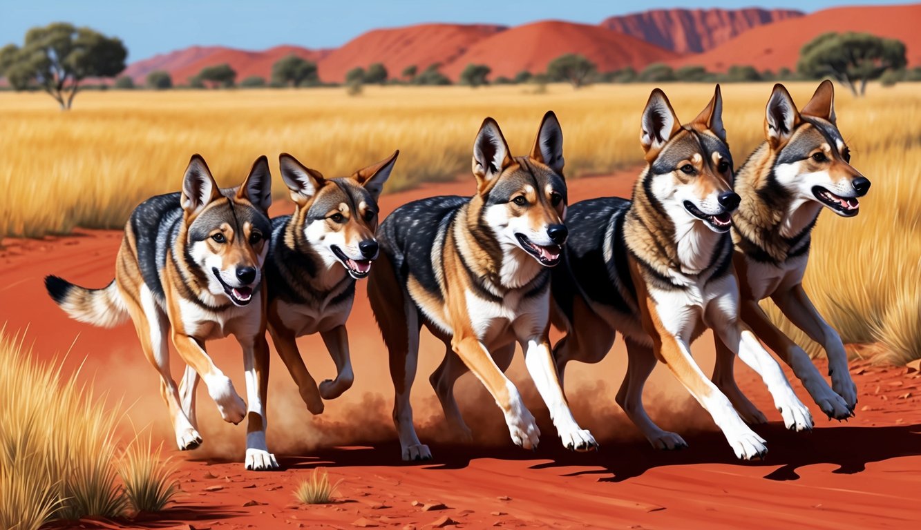 A pack of Australian dingoes roam the outback, their sleek bodies moving gracefully through the golden grasses and red earth