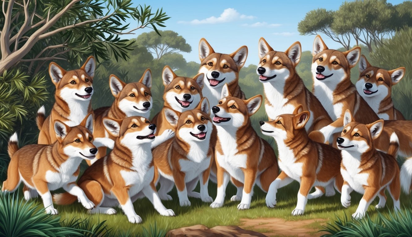 A group of 30 cute Australian dingoes playfully interacting in a natural bush setting, with a few of them looking up curiously
