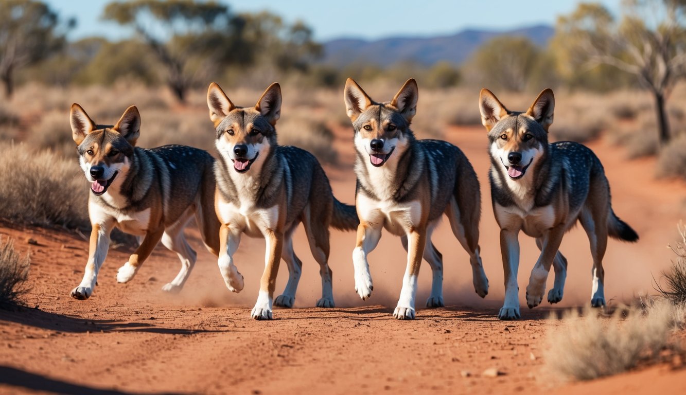 A pack of dingoes roam through the Australian outback, their sleek bodies and pointed ears catching the sunlight as they move through the rugged landscape