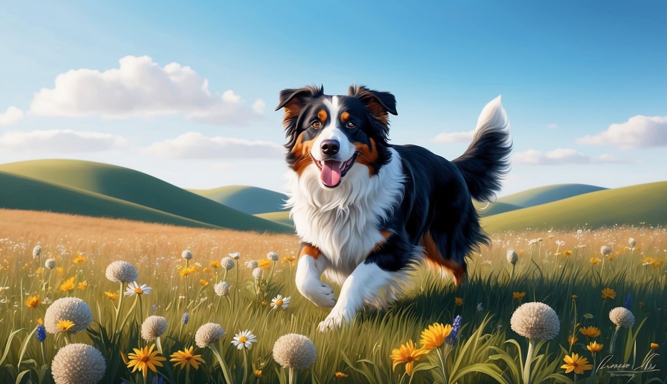 An Australian Shepherd happily playing in a field of wildflowers, surrounded by rolling hills and a clear blue sky