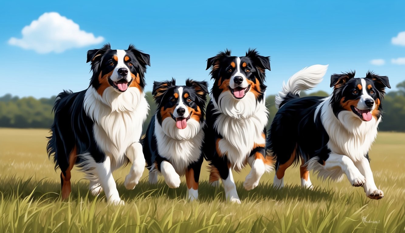 A group of Australian Shepherds playing in a grassy field under a bright blue sky
