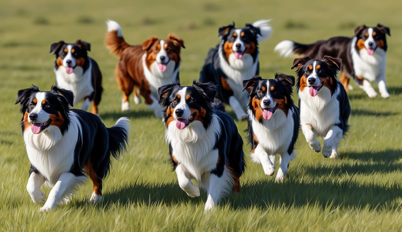 A group of Australian Shepherds playing in a grassy field, their colorful coats shining in the sunlight