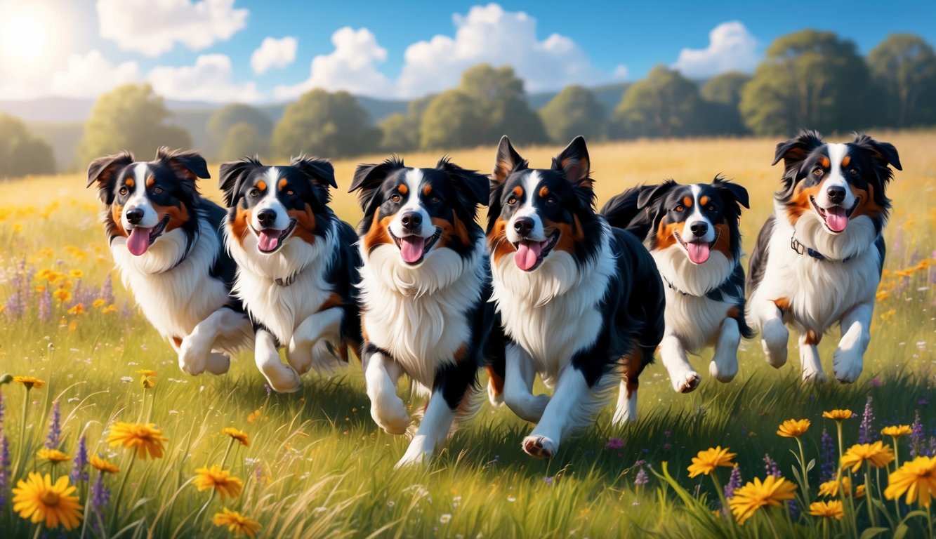 A group of Australian Shepherds playfully running through a sunlit meadow filled with wildflowers