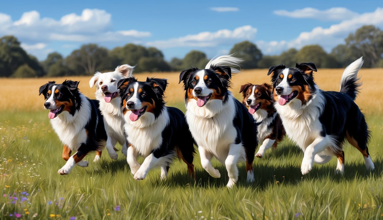 A group of Australian Shepherds playfully romping in a sun-dappled meadow, their colorful fur standing out against the green grass and blue sky