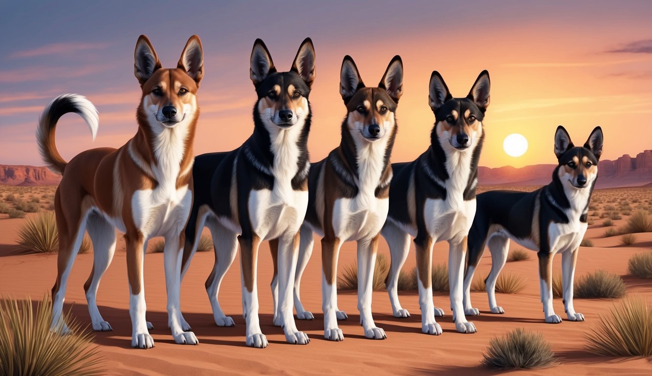 A group of Azawakh dogs standing in a desert landscape with the sun setting behind them