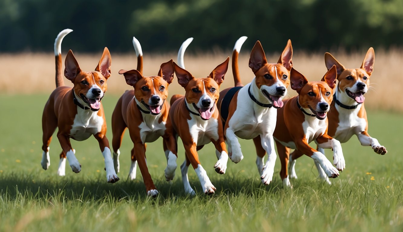 A group of Basenjis playfully running through a grassy field, their ears perked up and tails wagging