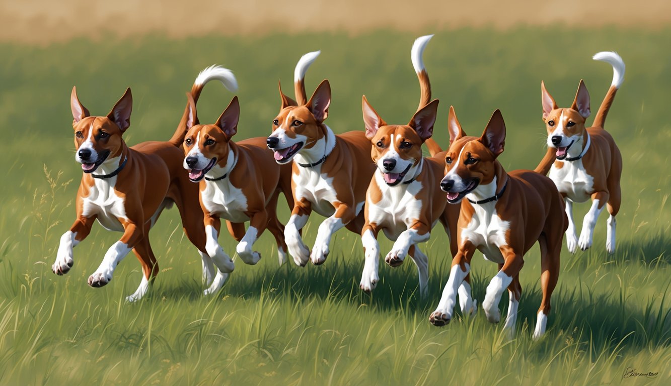 A group of Basenjis frolic in a grassy meadow, their tails wagging as they playfully chase each other