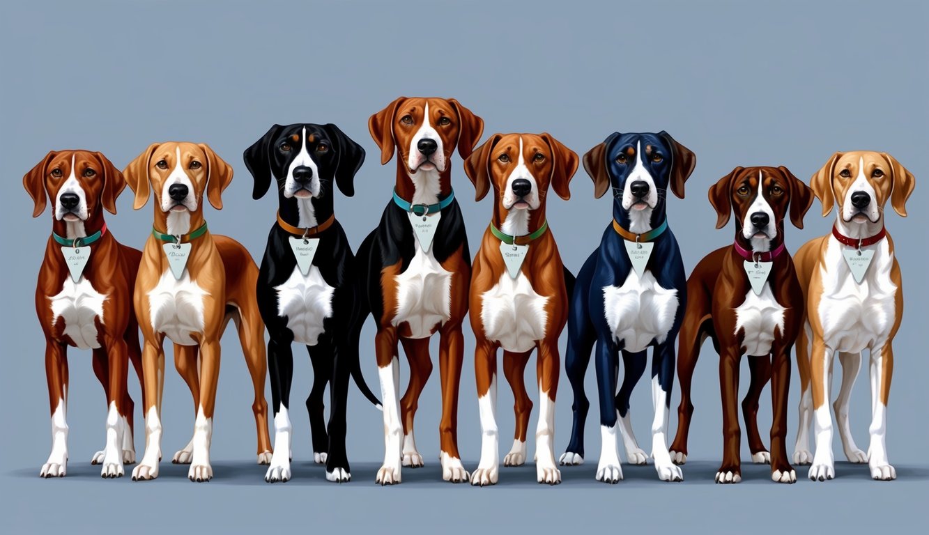 A pack of Basenji dogs of various colors and sizes, standing in a row, each with a unique name tag around their necks